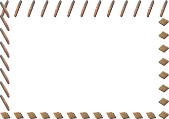 A rectangular frame made of brown pencils and square tiles on a white background.