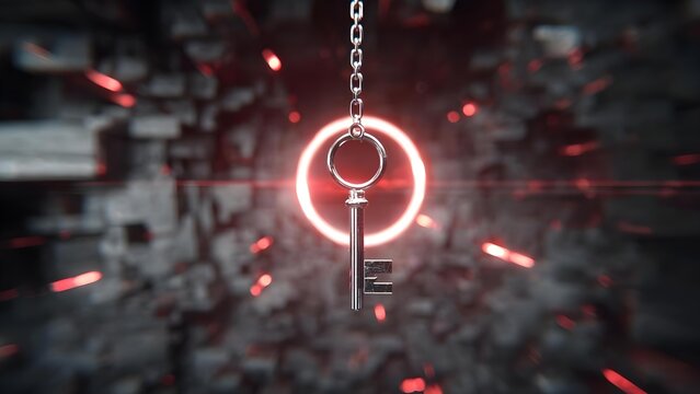 A silver key on a chain suspended before a glowing red circular ring in a moody sci‑fi setting. Concept Silver key on a chain suspended before a glowing red circular ring