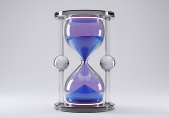 Hourglass with flowing blue sand representing time and deadlines on a white background