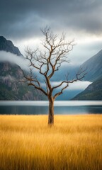 Bare Tree in Golden Field with Misty Mountains and Lake Scenery