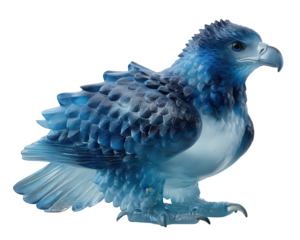 Majestic blue eagle ice sculpture, frozen wildlife art carving. Cold, translucent bird of prey statue conveying power and freedom with transparent background