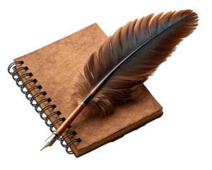 Vintage quill pen and old paper notebook for writing manuscript. This antique feather pen evokes sense of nostalgic creativity, literature, and history