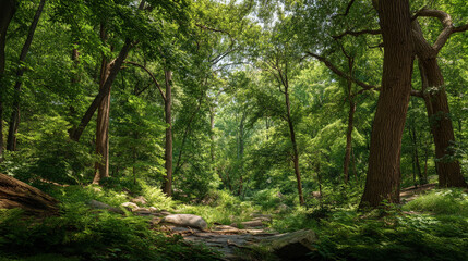 A vibrant forest scene featuring lush green trees and foliage with a winding pathway through it