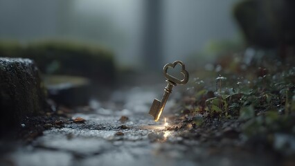 Obraz premium A weathered heart-shaped key stands upright on a damp path, a tiny spark glowing at its base in a moody, misty garden. Concept Moody garden, Weathered heart key, Tiny glowing spark, Damp path