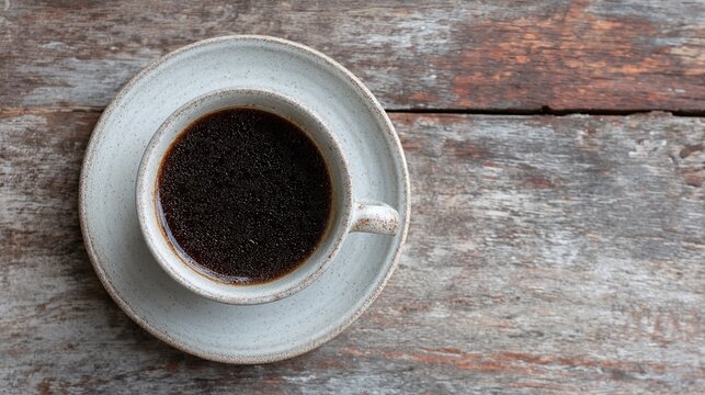 Invigorating dark coffee steaming in rustic cup and saucer on weathered wooden table