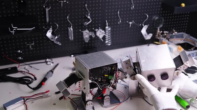 Repair the robot on the workbench