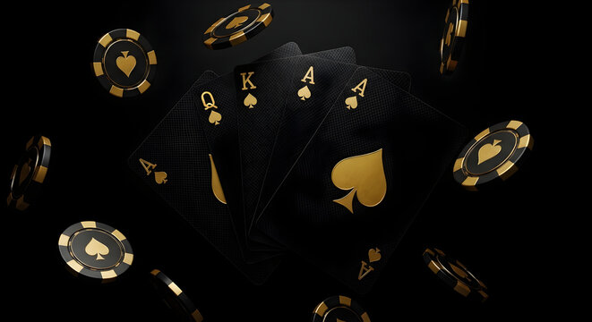 Black and gold poker cards and chips casino game illustration for gambling and winning concept design