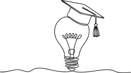 Continuous one line drawing of light bulb wearing graduation cap symbolizing creativity, knowledge, innovation, and smart education concept