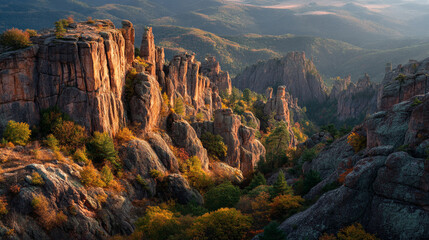 Aerial view of rugged rock formations in a mountain landscape during the autumn season light