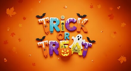 Festive Halloween Trick or Treat Display with Bats and Autumn Leaves.