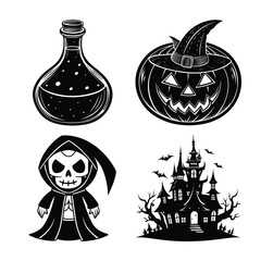 Vector art of halloween vector illustration set featuring a potion bottle, pumpkin wearing a witch hat, grim reaper, and haunted castle in black and white.