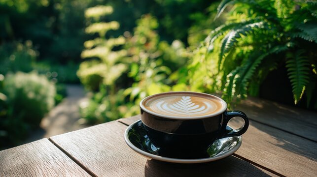 Savor a perfectly crafted latte on a rustic wooden table surrounded by lush, sun-dappled greenery