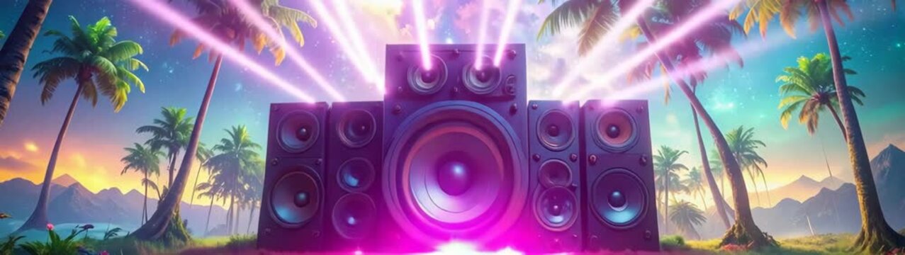 Sound system on tropical beach party vibrating music.