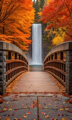 Autumnal Bridge to Waterfall Serenity Nature's Beauty and Tranquil Landscape