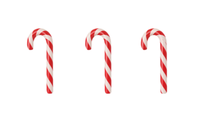 Three classic red and white striped candy canes arranged in a row against a white background, evoking a festive holiday spirit