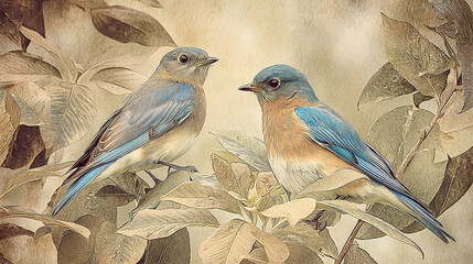 Two bluebirds perched on a leafy branch in a stylized vintage illustration style setting