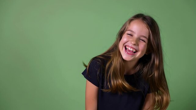 Joyful laughter in slow motion Young woman with contagious happiness against green screen backdrop capturing genuine emotion and carefree spirit