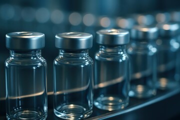 Vaccine quality control. Glass vials arranged neatly on a reflective surface.