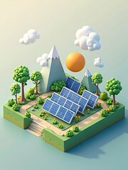 アイソメトリック, 3Dマップ, 地図, ゲームマップ, 自然, 景色, 環境問題, ゲーム風景, ミニモデル, 風景, 木, ジオラマ, 3D, イラスト, 季節, 粘土, 建築, 観光, 旅行, 温暖化, 山, 森, 空, テクノロジー, エコロジー, 太陽, パワー, エネルギー, パネル, 光起電力, ソーラーパネル, 太陽光, 環境の, 電気の, ビジネス, エコ, リニューアブル
