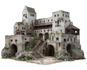 Lonely ancient castle ruin, majestic medieval fortress object isolated on white. old, historic stone building and tower stand as forgotten heritage landmark