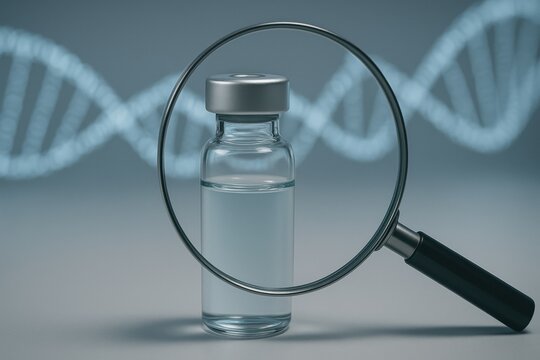 Vaccine quality control. Vaccine vial under magnifying glass with DNA background.