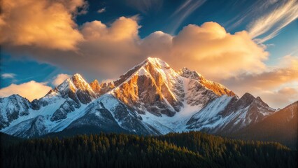 Spectacular mountain peak at sunrise, vibrant clouds over alpine landscape