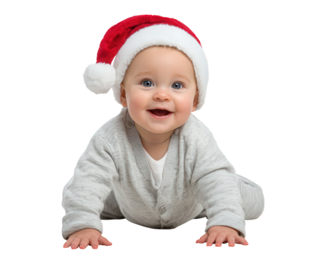 Cute baby with blue eye smiling happily, wearing festive red Santa hat. cheerful infant crawling in grey outfit expresses pure joy for Christmas holiday