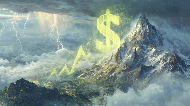 Dramatic landscape of a glowing blockchain network forming a mountain of coin symbols; a large neon-green arrow surges over the peak, sunbeam breaking through clouds, epic sunrise scene
