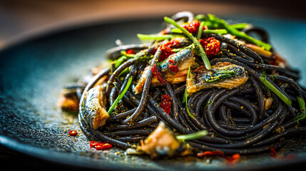 A close up shot of black squid ink spaghetti with fish and vegetables on a dark plate