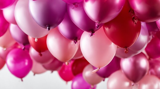 Colorful pink and red balloons fill a bright room for a cheerful celebration event