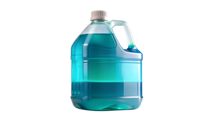 Large plastic jug filled with blue liquid, isolated on transparent background