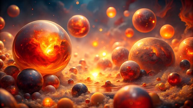 Abstract fantasy scene with glowing orbs and planets resembling molten lava and fire, set against a cosmic, nebulafilled background