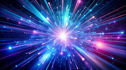 Obraz premium Abstract explosion of colorful light streaks and glowing particles emanating from a bright central core against a dark background, symbolizing energy and motion