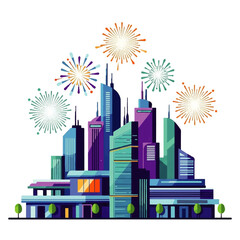 Vibrant Cityscape with Festive Fireworks Display.