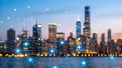 Connected world network over Chicago skyline at dusk, a smart city concept