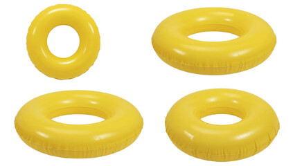 Collection of four bright yellow inflatable swim rings isolated on a clean white background for summer vacation concepts