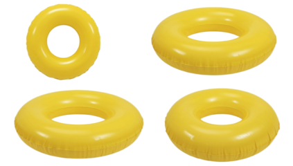 Collection of four bright yellow inflatable swim rings isolated on a clean white background for summer vacation concepts