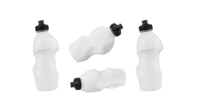 A set of four white ergonomic plastic sports water bottles with black caps, shown from various angles and isolated on a clean white background for hydration concepts