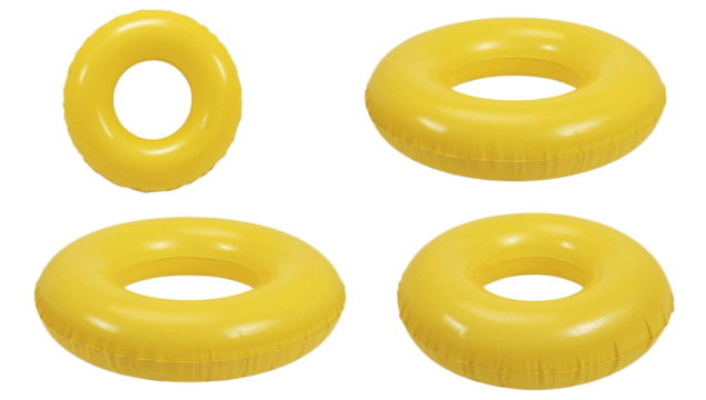 Collection of four bright yellow inflatable swim rings isolated on a clean white background for summer vacation concepts