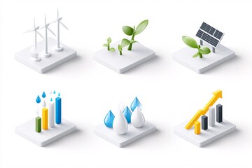 Isometric infographic: icons of wind turbines, solar panels, water droplets connected by rising arrows and bar graphs; flat design with vibrant eco-colors (green, blue, yellow), minimal vector 