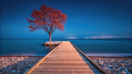 Nighttime Tranquility Dock Leading to Lone Tree by the Sea