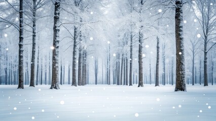 Winter wonderland forest trees covered in snow, sparkling in the sunlight