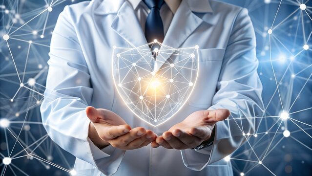Doctor holding a glowing shield with a network of connections in the background, representing medical data security and protection in a digital healthcare system