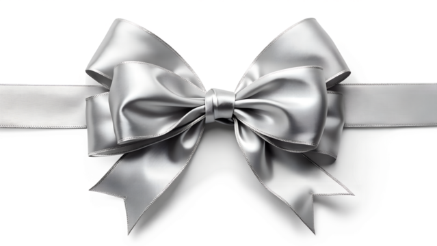 A shiny silver ribbon tied into a perfect bow, isolated on transparent background, representing a gift, celebration, or elegant decoration for special occasions