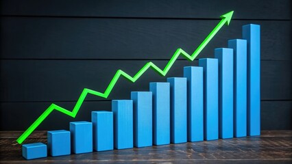 Rising success illustration with blue graph bars and a green arrow