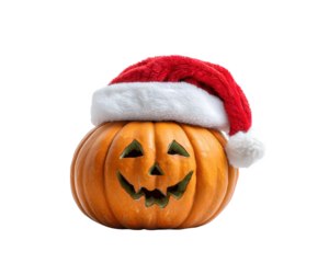 Funny and cheerful orange jack o lantern pumpkin wearing red santa hat. creative concept for combined christmas and halloween holiday celebration isolated