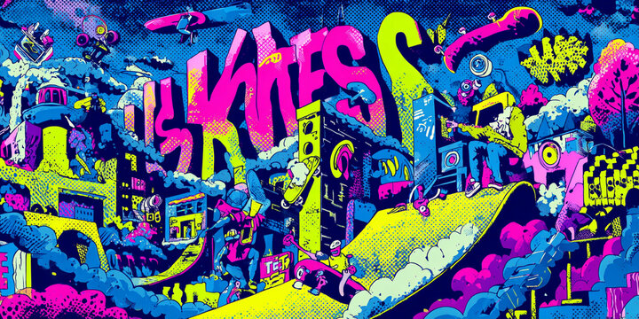 Vibrant street art featuring colorful graffiti, skateboards, and urban landscapes, evoking sense of energy and creativity