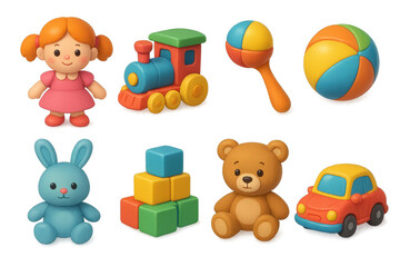 Colorful children's toys collection: dolls, animals, vehicles, and blocks