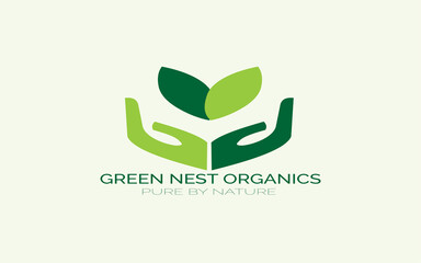 Elegant logo design for organic food brand emphasizing natural and healthy lifestyle with green leaves and caring hands showing growth and protection