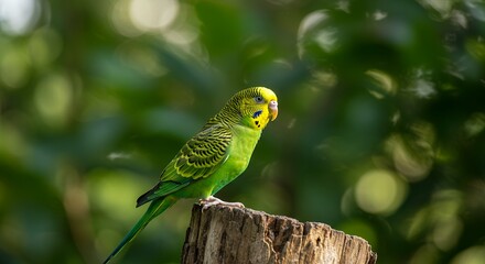 Green budgerigar perched on a wooden stump with bokeh background